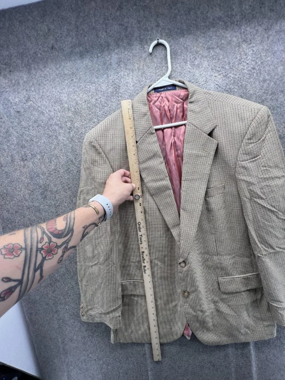 Alan Flusser Blazer Mens 44R Beige Check Wool Sport Coat Jacket Business Casual